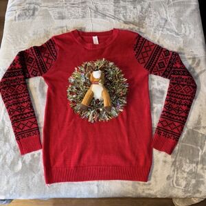 Ugly Christmas Sweater 3D Reindeer on Tinsel Wreath No Boundaries Red Medium 7-9
